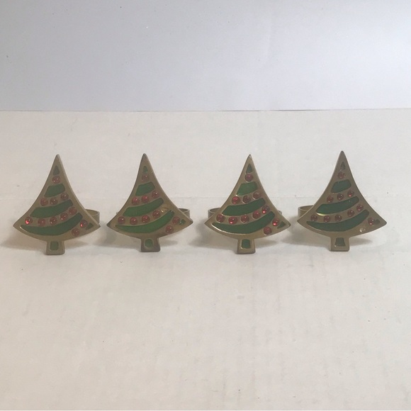 Vintage Napkin Rings Christmas Tree Brass Enamel Set of 4 Red Green Holders - Picture 8 of 8